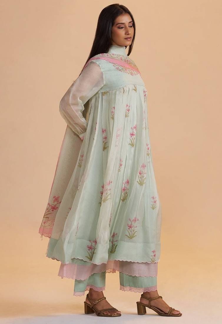 Milky pistachio green silk festive kurta set