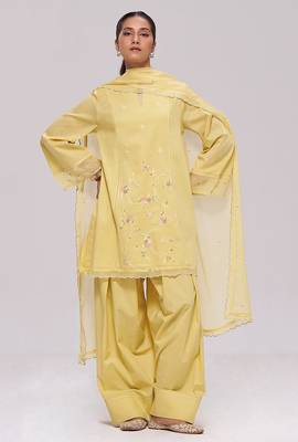 Sulphur yellow mul-chanderi kurta set 1