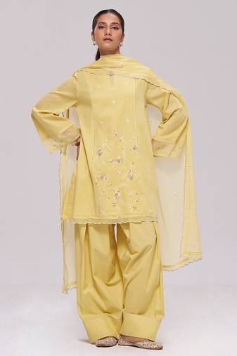 Sulphur yellow mul-chanderi kurta set