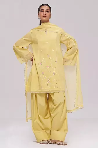 Sulphur yellow mul-chanderi kurta set