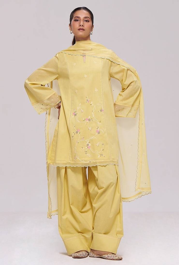 Sulphur yellow mul-chanderi kurta set