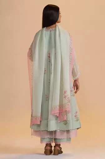 Milky pistachio green silk festive kurta set
