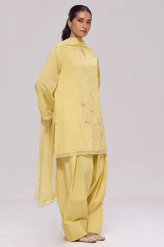 Sulphur yellow mul-chanderi kurta set