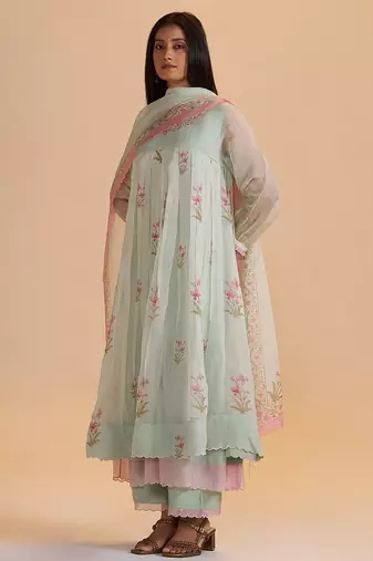 Milky pistachio green silk festive kurta set