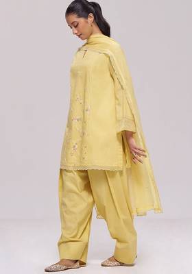 Sulphur yellow mul-chanderi kurta set 4