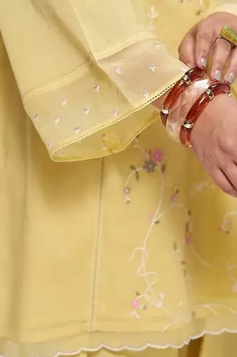 Sulphur yellow mul-chanderi kurta set