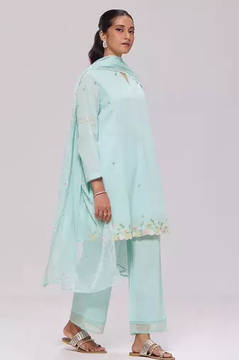 Ice-blue mul-chanderi kurta set