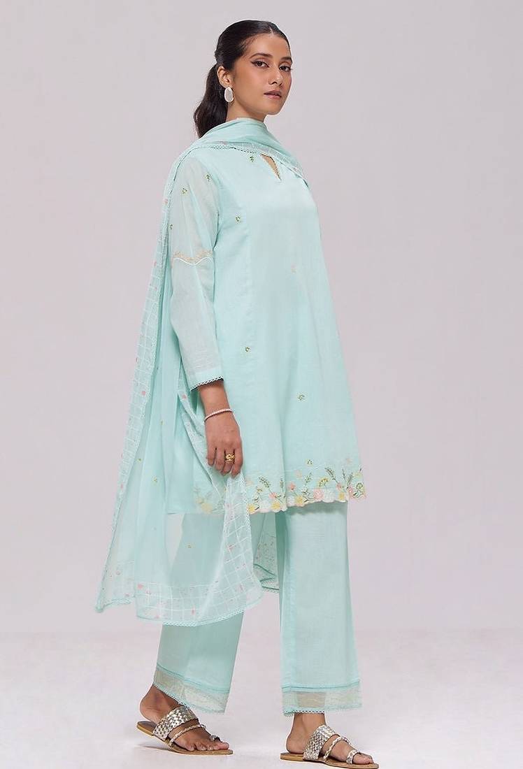 Ice-blue mul-chanderi kurta set