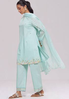 Ice-blue mul-chanderi kurta set 3