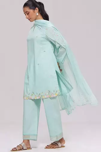 Ice-blue mul-chanderi kurta set