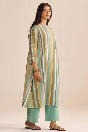 Shades of teal and green stripe cotton-linen co-ord set