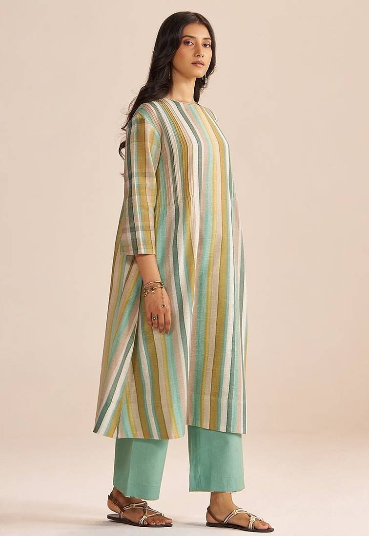 Shades of teal and green stripe cotton-linen co-ord set