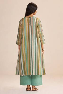 Shades of teal and green stripe cotton-linen co-ord set 2