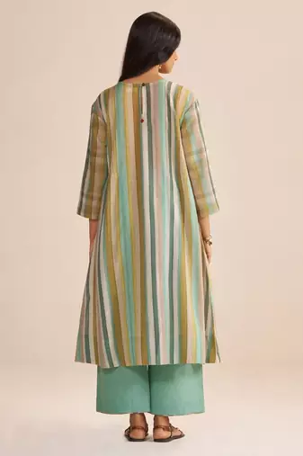 Shades of teal and green stripe cotton-linen co-ord set