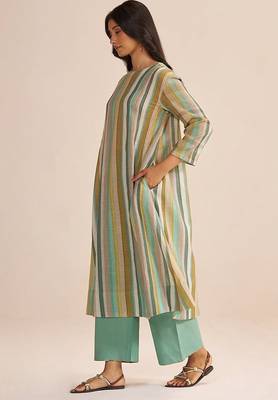 Shades of teal and green stripe cotton-linen co-ord set 3