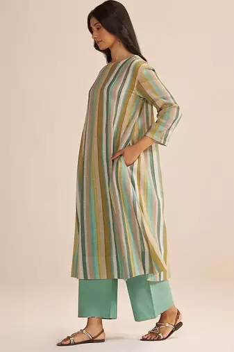 Shades of teal and green stripe cotton-linen co-ord set