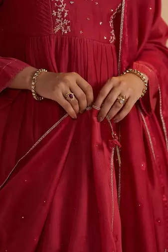 Rich red chanderi silk festive kurta set