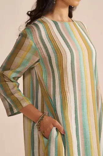 Shades of teal and green stripe cotton-linen co-ord set