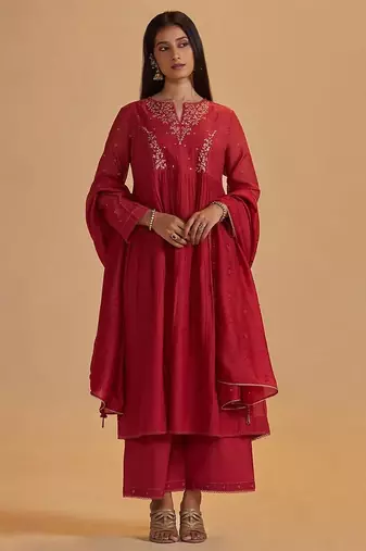 Rich red chanderi silk festive kurta set