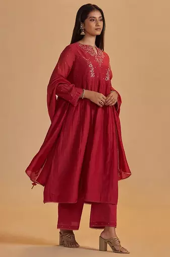 Rich red chanderi silk festive kurta set