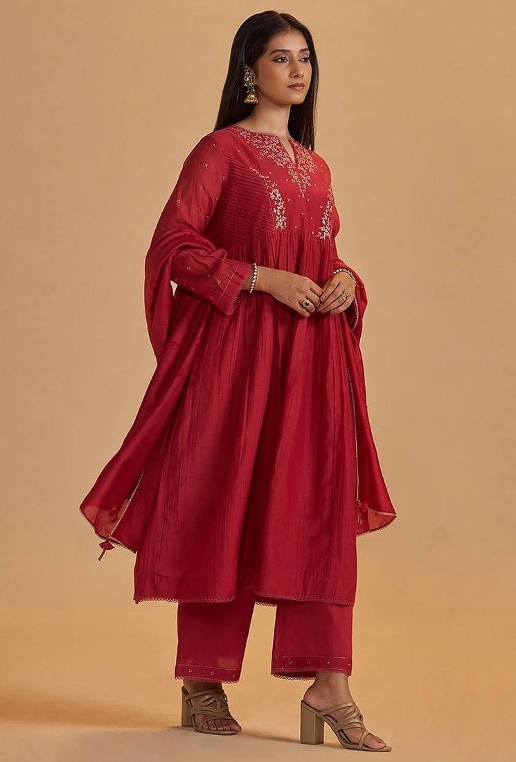 Rich red chanderi silk festive kurta set