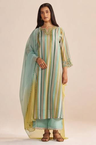 Shades of teal and yellow semi festive kurta set
