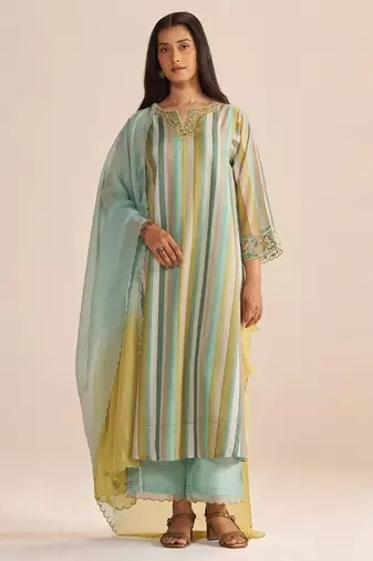 Shades of teal and yellow semi festive kurta set