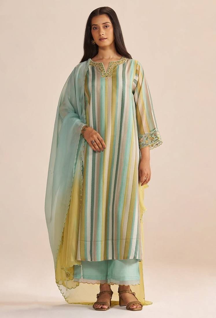 Shades of teal and yellow semi festive kurta set