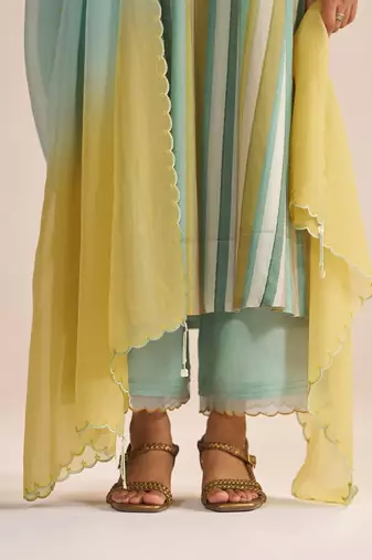 Shades of teal and yellow semi festive kurta set