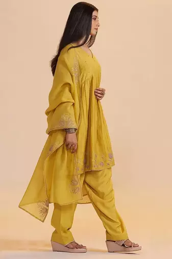 Mustard yellow chanderi kurta set