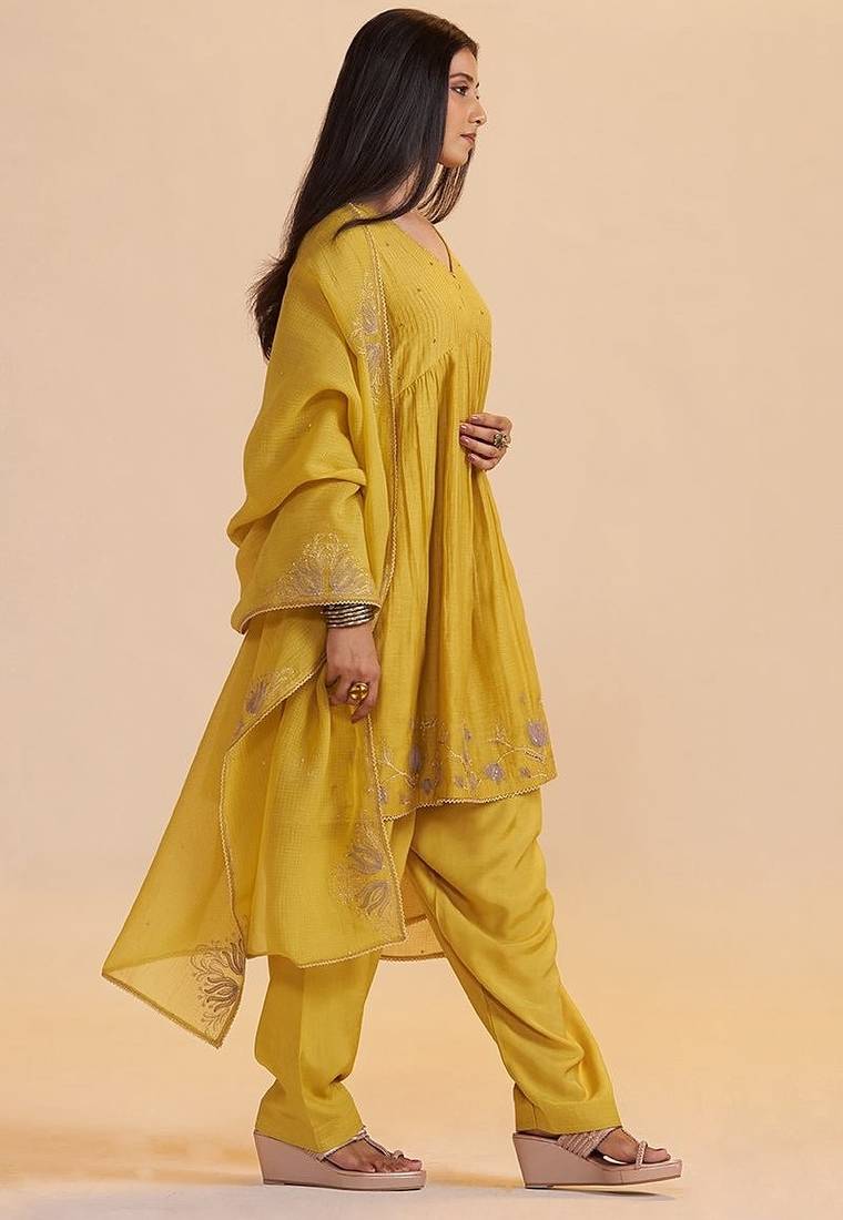 Mustard yellow chanderi kurta set