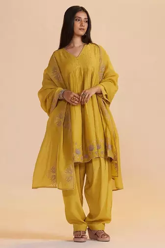 Mustard yellow chanderi kurta set