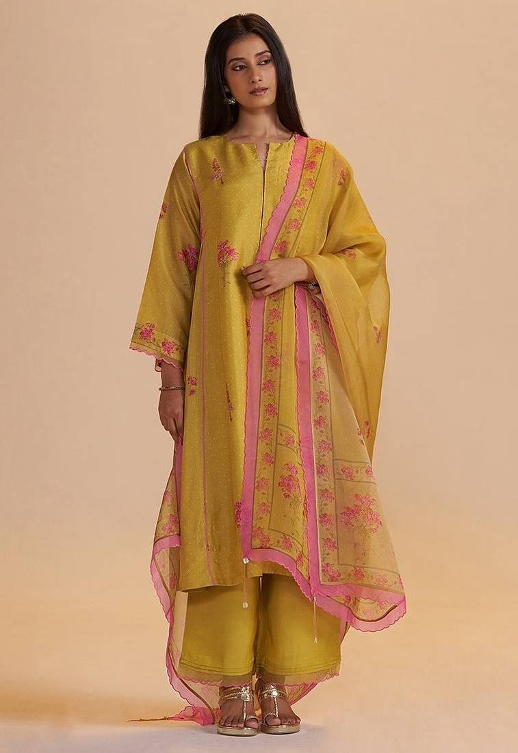 Haldi yellow silk festive kurta set