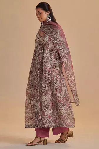 Mauve and beige orgenza silk kurta set