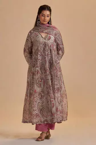 Mauve and beige orgenza silk kurta set