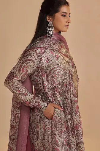 Mauve and beige orgenza silk kurta set
