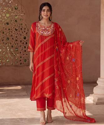 Burnt orange hand embroidered mul cotton kurta set 1
