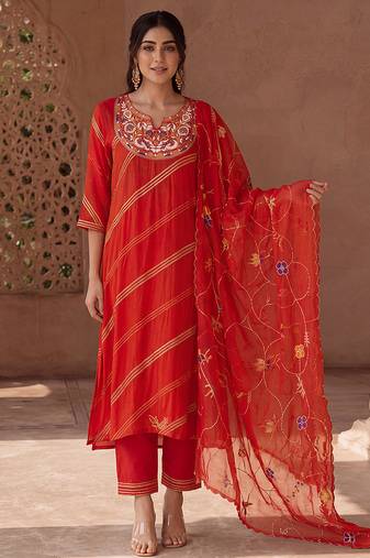 Burnt orange hand embroidered mul cotton kurta set