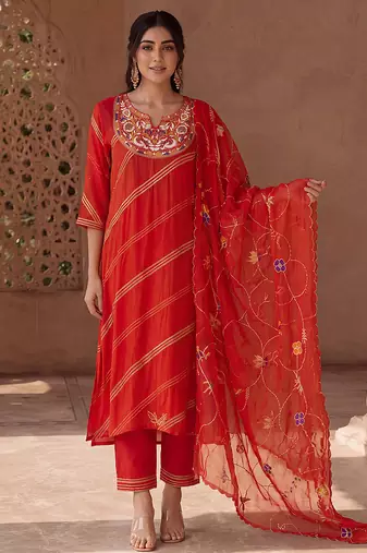 Burnt orange hand embroidered mul cotton kurta set