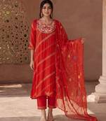 Burnt orange hand embroidered mul cotton kurta set