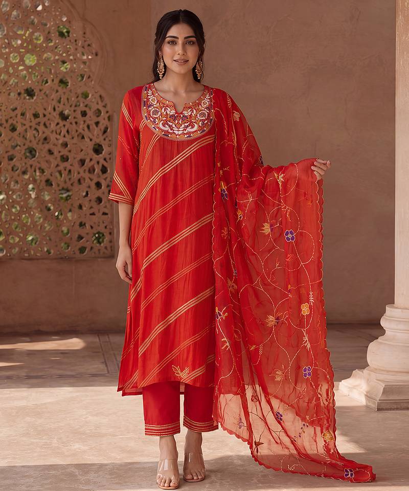 Burnt orange hand embroidered mul cotton kurta set