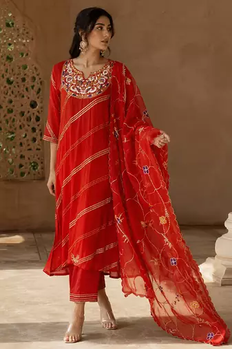Burnt orange hand embroidered mul cotton kurta set