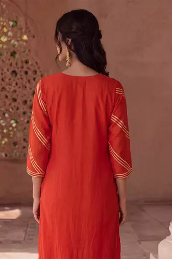 Burnt orange hand embroidered mul cotton kurta set