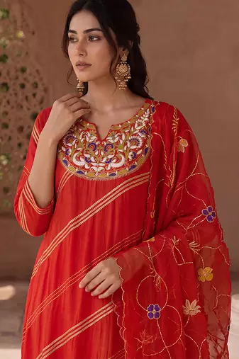 Burnt orange hand embroidered mul cotton kurta set