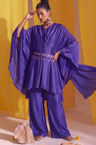 Royal purple georgette satin kaftan co ord set with embellished belt