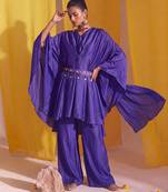 Royal purple georgette satin kaftan co ord set with embellished belt