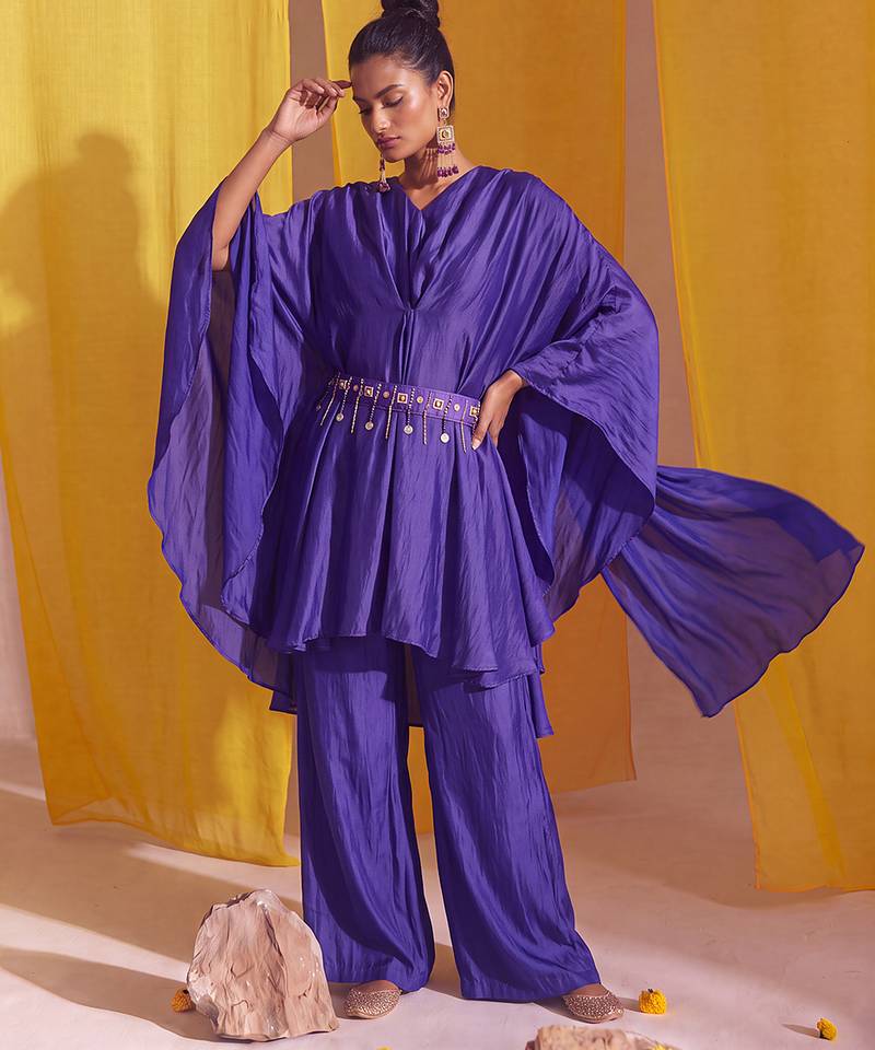 Royal purple georgette satin kaftan co ord set with embellished belt