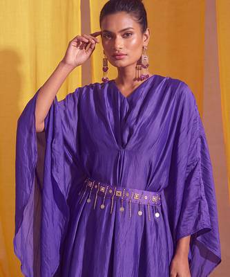 Royal purple georgette satin kaftan co ord set with embellished belt 2