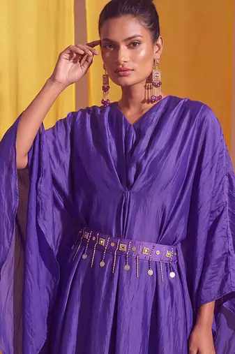 Royal purple georgette satin kaftan co ord set with embellished belt