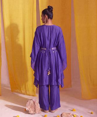 Royal purple georgette satin kaftan co ord set with embellished belt 3